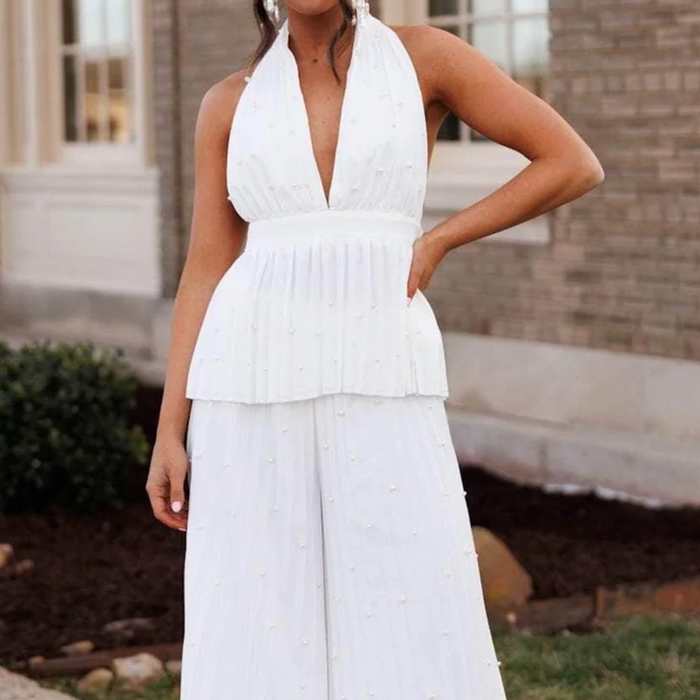 Elegant White Halter Pants Set